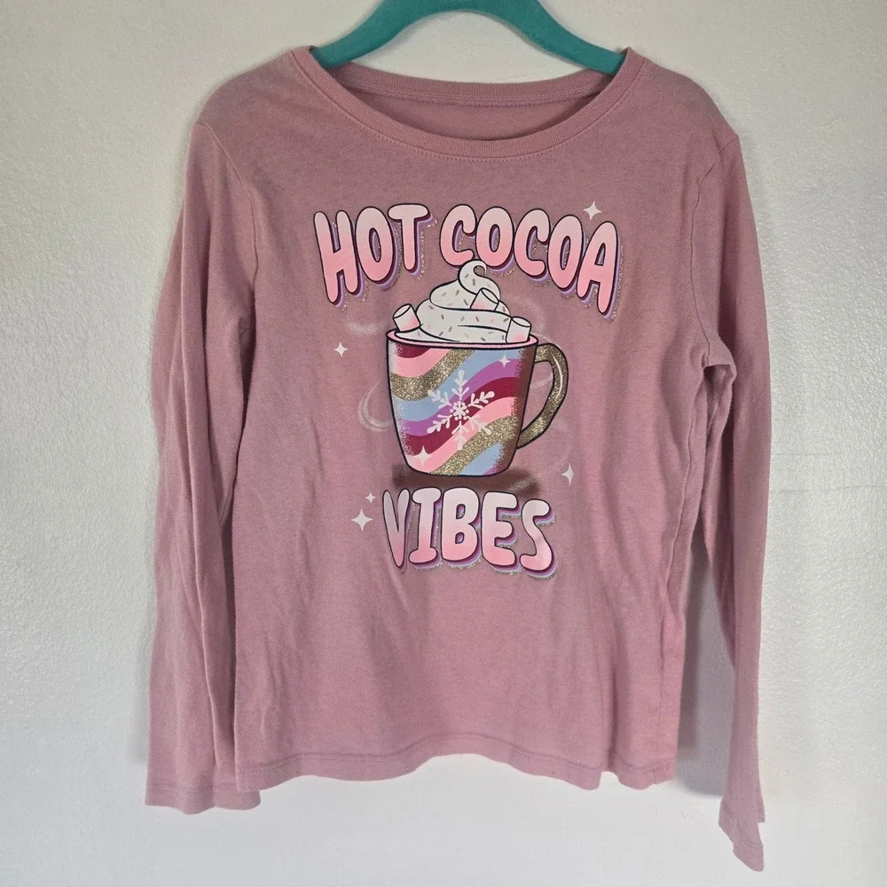 The Childrens Place Girls Pink Hot Cocoa Vibes‎ Glitter Long Sleeve Tee Size 5/6